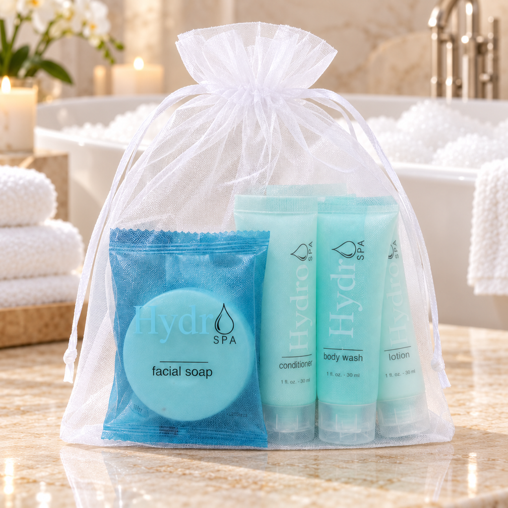 Hydro Spa hotel toiletry kits in organza bags 10 pack