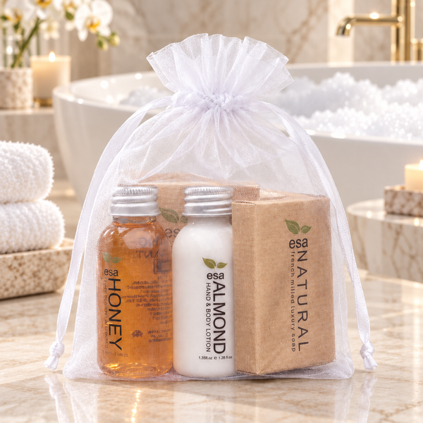 ESA hotel toiletry kits in organza bags 10 pack