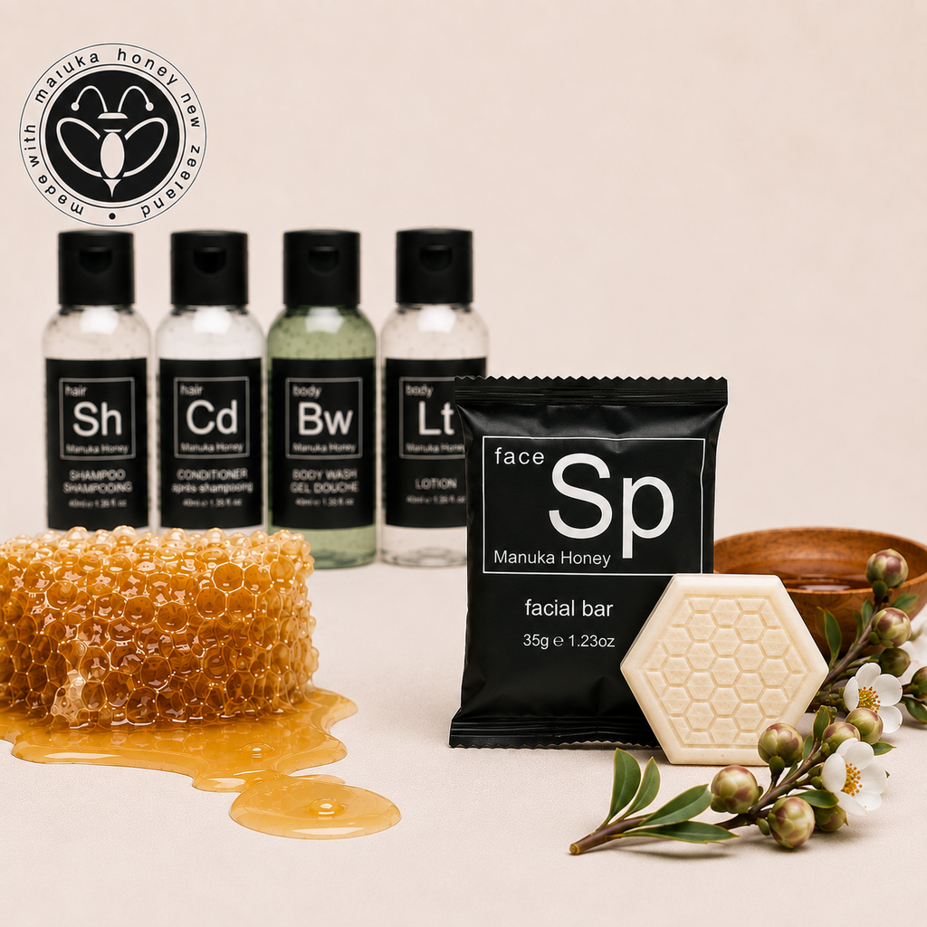 A skincare set featuring four small bottles of Manuka Honey wash liquids and a black facial bar packet, styled with a honeycomb, dripping honey, a hexagonal soap bar, and wild flowers on a beige background.